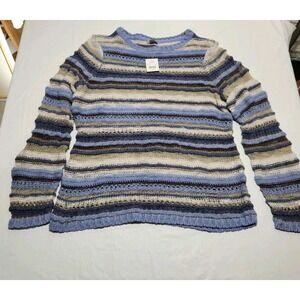 J Jill Sweater Womens Medium Blue Stripe Sheer Open Knit Long‎ Sleeve Casual